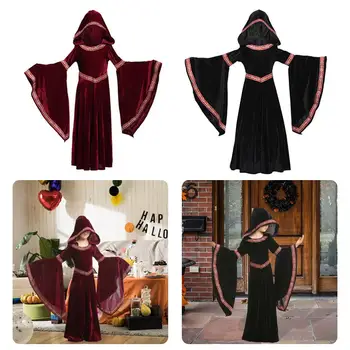  Рокля вещици, костюми за Хелоуин за деца, Кадифе дълга hoody с качулка за средновековния Карнавал, дрехи за участия на партита W0Y3
