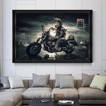 Готина маймуна, едущая на мотоциклет, платно, маслени картини, плакати и щампи, стенни художествена картина за дома: хол (без рамка)