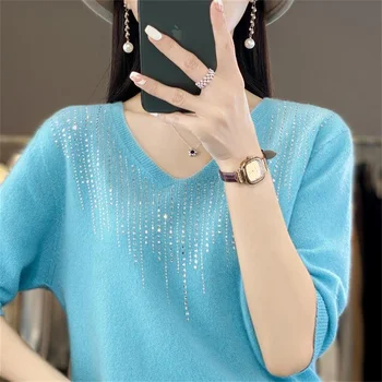 2023 Корейски модната вълна вязаный женски пуловер с V-образно деколте, осеян с диаманти, с къс ръкав, пуловер, Безплатно спускане, основни върхове