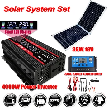 От 12 до 110/220 v Комплект Инвертори на Слънчевата система 4000 Вата LCD дисплей + 36 Вата/18 Соларен Панел + контролер 30A