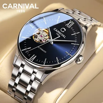 Марка Carnival за мъже, часовници, Япония, Miyota, Автоматични бизнес механични ръчни часовници с виртуален скелет, Сапфирен кристал, водоустойчив часовници