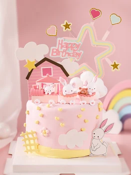 Розово Влак със Заек, детско бижу, честит Рожден Ден, Декорация на торта със Заек и Луната, за Детски партита, Аксесоари за печене на Сладки подаръци