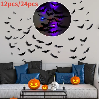 LED мигаща светлина Хелоуин 3D черен прилеп стикери стена е подвижна САМ стикери за стена Хелоуин украса ужас, прилепи етикети