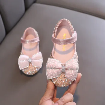 Обувки за момичета, Мери Джейн, през цялата чорап, перла лък, розова кожа обувки на принцесата, детска празнична булчински обувки на равна подметка за деца