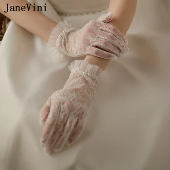 JaneVini Елегантни Къси Дантелени Сватбени ръкавици С Перли, Дамски Реколта ръкавици за сватбени партита, Дължина на китката 22 см, Аксесоари за Шаферски рокли