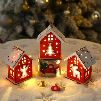 Нов Коледен Дървен Окачен Къща Със Светещи светодиодни Елочными Декорации Лосове Дядо Червен Ангел Хижа Празнична Парти Начало Декор 2024 Нова Година