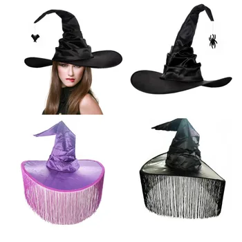 Нова Черна шапка вещица с бръчките на Хелоуин, шапка вещица с пискюли за възрастни, Хелоуин, Маскарад, Училищни cosplay, Аксесоари за костюми за тематични партита