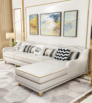 Лесен луксозен заоблен диван кожа в американски стил с горния слой от телешка кожа, комбинация за всекидневната, творчески постмодернистский малък блок p