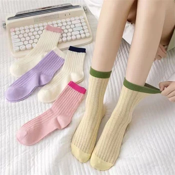 1 Чифт женски шарени чорапи в стил Харадзюку, ретро, чорапи със средна дължина, Есен-зима, Топли Дълги Чорапи Дишащи, абсорбиращи потта, спортни чорапи Сокс