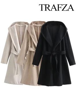 Есенни дамски модни директни палто TRAFZA, Обикновена, с качулка, с дълъг ръкав, с джобове колан, Дамски Тънък Шик, топло палто, 3 цвята