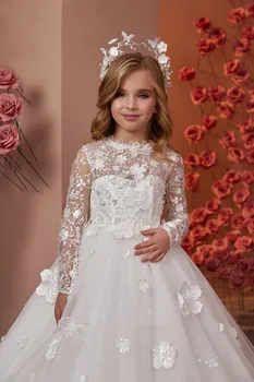 Gaun Gadis Bunga Gading Putri untuk Pernikahan Gaun Kontes Ulang Tahun Anak-anak Applique Bunga Gaun Komuni Pertama Anak-an