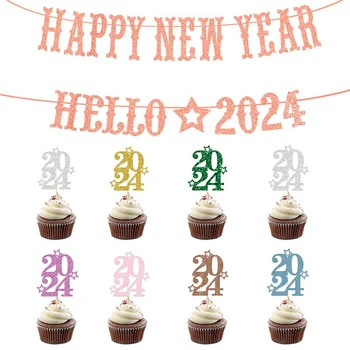 10 Броя Мини 2024 Честита Нова Година, Cupcake, Topper, Украса Торта, Вечерни Аксесоари