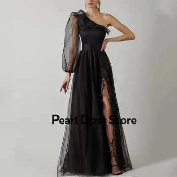 Елегантна черна тюлевое дълга рокля за абитуриентски бал с ръкав с едно рамо и рюшами, вечерна рокля трапецовидна форма, женствена рокля за специални случаи, официални дрехи