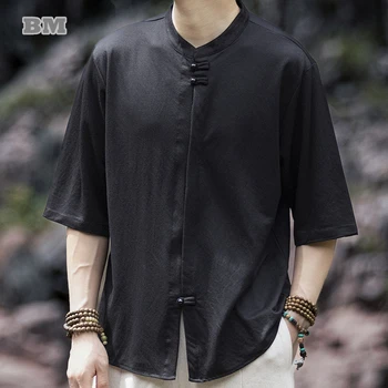 Лятна Свободна риза с къс ръкав в китайски стил голям размер, Мъжки дрехи в етнически стил, Реколта тънки черни върхове на Тай чи Кунг-фу, мъжки