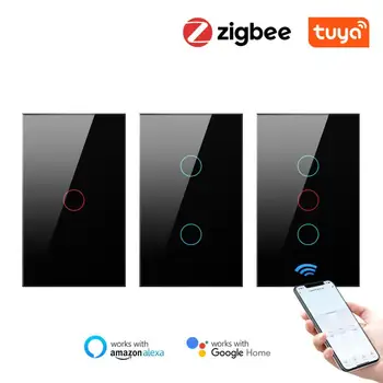 Стъклен панел на Zigbee 3.0, гласов контрол, Smart Life, преминете на Hristo, Черен, Бял, времето, Осветление, сензорен ключ, работи с Алекса Google Home
