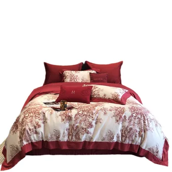 Комплект спално бельо от четирите теми за червено сватбено тържество, пухени от щапелни памук дължина 120 см с дигитален печат