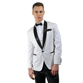 Бяло палто на 1 пуговице, Черен шал с ревери, Мъжки костюми за сватба, 2 бр. (яке + панталон + вратовръзка), бална костюм на Младоженеца, оборудвана сако, панталони