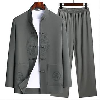Мъжки памучни ленени блузи в традиционен китайски стил, панталони, костюми Hanfu Tang, Униформи за кунг-фу, Тай-чи, комплекти дрехи в ориенталски стил