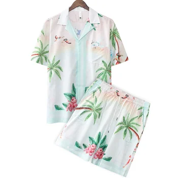 Мъжки Дизайнерски дрехи, Хавайска риза и къси панталони, Луксозен комплект от 2 теми, Мъжки Празнични Ризи с къс ръкав и принтом тропически растения