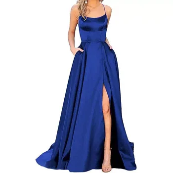 Вечерни рокли за бала синьо Трапецовидна форма, бродирани с мъниста във формата на сърце, С висока цепка, Коктейлни рокли за бала, по-Големи размери