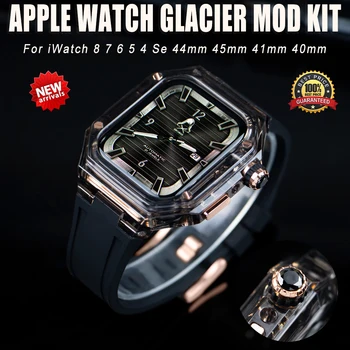 Комплект модификация Glacier Luxury За Apple Watch Case 8 7 41 мм 45 мм Прозрачен Калъф за носене и силиконови каишка За iWatch 6 5 SE 40 мм 44 мм