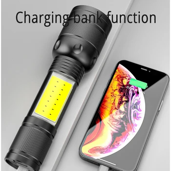 Нови преносими led фенерче P50 със странична подсветка на КОЧАН, USB Power Bank, мощен фенер за работа на открито
