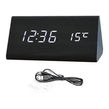 12/24-часов Дървена цифров часовник с аларма за спални, Електрически часовници с USB порт, Резервна батерия, Регулируем регулатор на силата на звука, Повторение