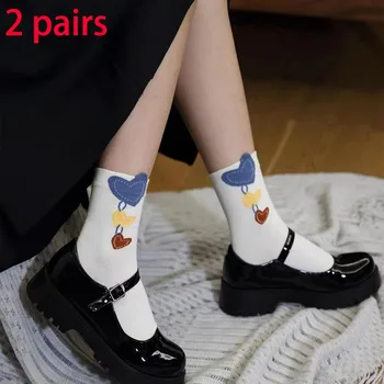 Дамски чорапи, 2 Чифта Прекрасни Пролетно-Есенни Цветя Чорапи INS, Модерни Спортни чорапи за Колежа Интернет-Знаменитост, Дамски Чорапи-тръбички HZ113