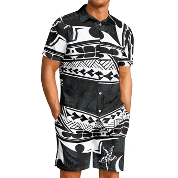 Татуировка с Тотем Полинезийски Племето Тонга, Щампи Тонга, Нов Стил, Мъжки Ежедневни риза с Копчета за Партита, Черни, Бели Шорти С къс ръкав