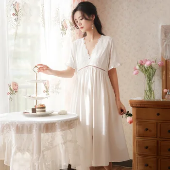 Женско френско сладко рокля, бели пижами Принцеса, Реколта нощници в Дворцов стил, удобни пижами