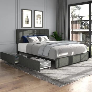 Живеейки легло-платформа с 4 чекмеджета за съхранение, Квадратна прошитая пуговица с хохлатым таблата от сив лен Кралски размери