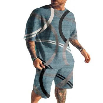 2023 Годишен Мъж Случайни Плажен комплект с геометричен цифрово принтом 3D, тениска, шорти