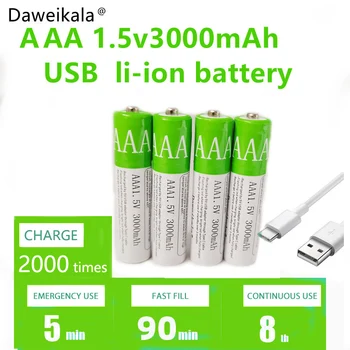 Нов 2023 USB AAA Акумулаторни батерии от 1,5 5500 mah литиево-йонна батерия за дистанционно управление с мишката, електрическа играчка батерия + кабел Type-C