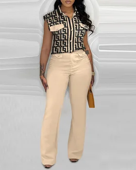 2023 Нова Луксозна Дизайнерска Ретро Офис Дамски Ежедневни Елегантна Риза с къс ръкав + Дълги Широки Панталони, Тънък Женски Комплект от 2 теми