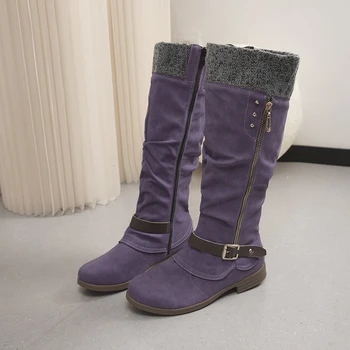 2023 Зимни обувки за жени, Дамски ботуши до коляното с ципове отстрани; Дамски обувки на нисък Квадратен ток с катарама на колана; Топли дамски обувки