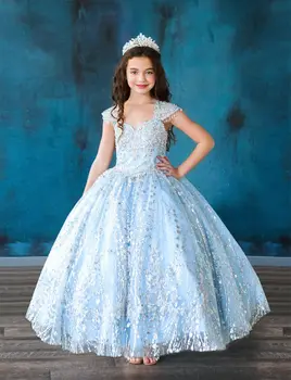 Скай-Сини Мини-Буйни Рокли, Бална рокля с аппликацией във формата на сърце, Дантелени Рокли с цветя модел за момичета на Сватба, Празнични рокли за деца