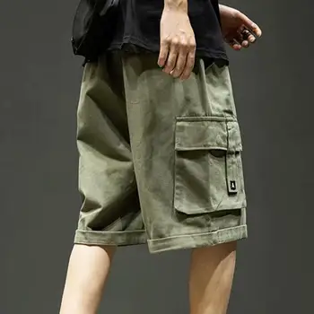Мъжки къси панталони свободно, намаляване, мъжки спортни къси панталони с дължина до коляното с широк еластичен колан, много джобове, стилни за лятото