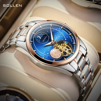 Нова луксозна марка SOLLEN, автоматични механични сапфировые мъжки часовници, светещи водоустойчив часовник с виртуален скелет Фаза на Луната, стоманени часовници SL329-1