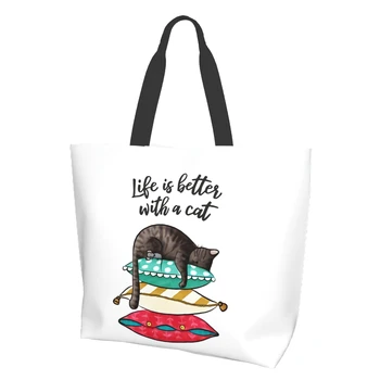 Дамска чанта-тоут С Котка Живот става по-добре, Множество чанта за пазаруване, Плажна чанта