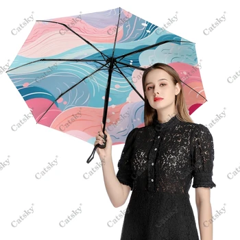 Чадър с абстрактно японския модел, Женски на 3-сгъваема Напълно автоматичен чадър за защита от слънцето, Инструмент за пътуване на открито Parapluie