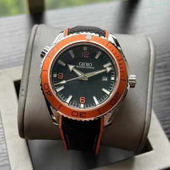 Луксозни Мъжки автоматично механични часовници С Оранжеви керамични безелем от неръждаема Стомана, Черно-бели ръчен часовник със стъклен заден панел от гумен платна
