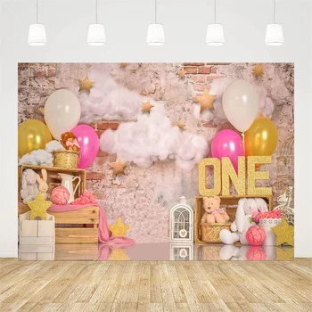 Розово златен балон, на фона на 1-ви Рожден ден за Момиче, Скъпа, Ретро Тухлена стена, Облак, Златни Звезди, Фон за снимки на Новородено
