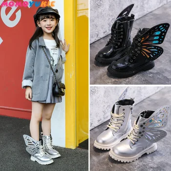 Модни обувки за деца; колекция 2023 г.; Пролетни нови стилни обувки Martin за момичета с крила на пеперуда и възел; Високи ботуши принцеса до средата на прасците; Тенденция