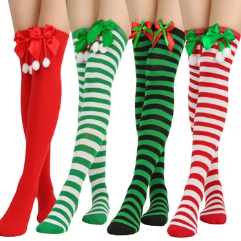 2023 Дамски чорапи над коляното, Коледни чорапи до бедрото, в привлече диагонал ивица, чорапогащи до коляното