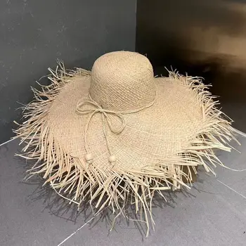Луксозни дамски сламена шапка, плажна шапка от слънцето, голяма сламена шапка, сгъваема