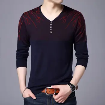 Модерен мъжки вязаный пуловер COODRONY с V-образно деколте, Нова тънка тениска с дълги ръкави и уникален геометричен модел, дизайнерски топ W5637