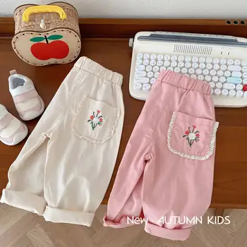 Ежедневни панталони с бродерия за момичета 1-5 години, през есента корейската детски дрехи, модни