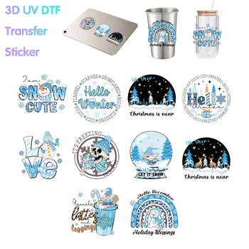 10 Стилове, 6 см, Коледна 3D UV-Преводна Стикер, Светът на Лед и Сняг с Букви, Сладък Снежен Човек, Мультяшная Аниме Стикер, Забавен Логото на Чаши