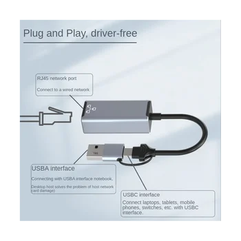 Жичен мрежова карта USB Type C до RJ-45, високоскоростен адаптер за USB 3.0 към Ethernet за преносими КОМПЮТРИ; Мрежова карта 100mbps