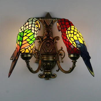 Стенен лампа в европейски стил, серия Parrot с няколко глави, Декоративна лампа с абажуром от цветно стъкло